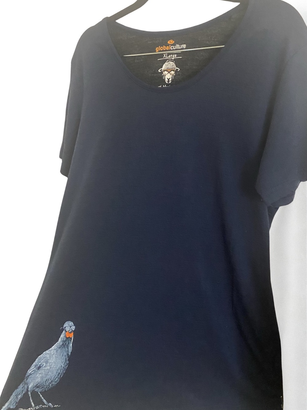 Global Culture Navy Tee with Bird Motif size XL 100% Merino Wool - Picture 9 of 13